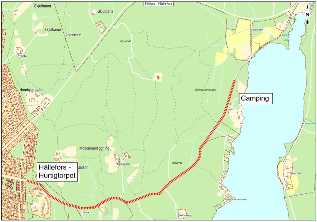 Karta över sträckan från Hurtigtorpet till Sörälgens camping